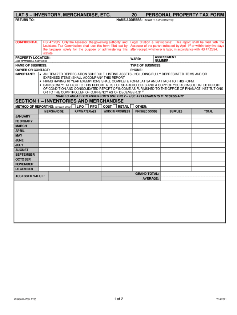  Www Latax State La UsMenuFormsReportsRegsUploadedINVENTORY, MERCHANDISE, ETC 20 PERSONAL PROPERTY TAX FORM 2021