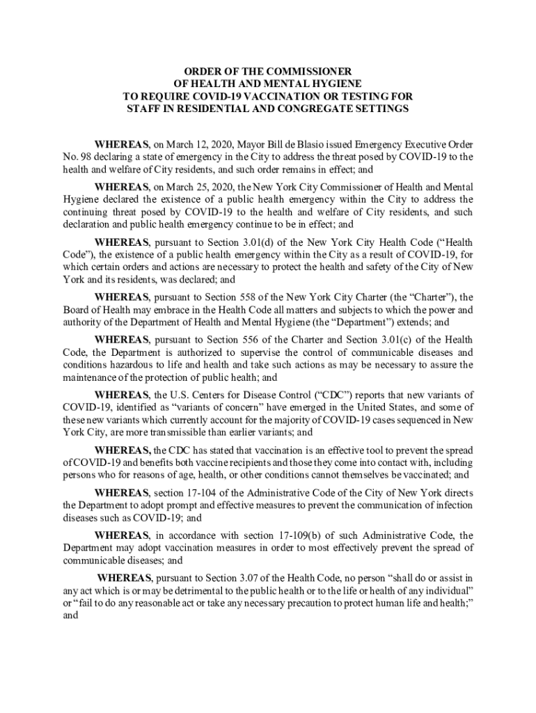 NY Order of the Commissioner of Health and Mental Hygiene to Require Covid 19 Vaccination or Testing for Staff in Residential an  Form