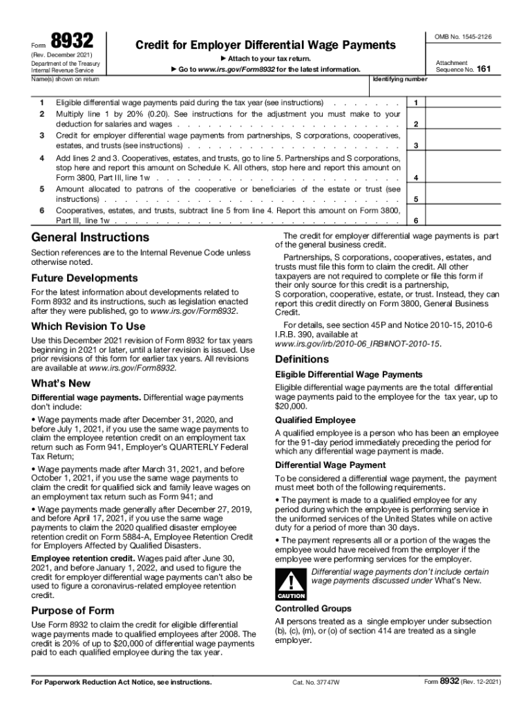  Form 8932 Rev December Credit for Employer Differential Wage Payments 2021-2024