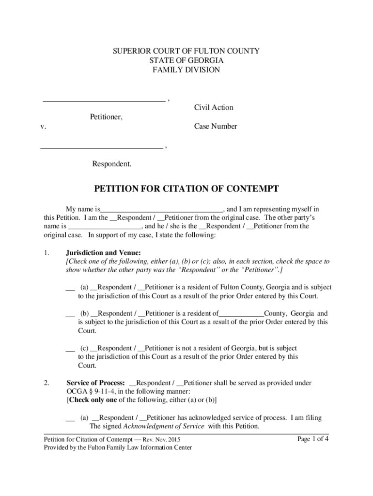 Www Fultoncourt OrgfamilyformsSUPERIOR COURT of FULTON COUNTY STATE of GEORGIA Civil Action