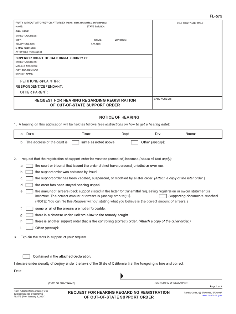 FL 575 Request for Hearing Regarding Registration of  Form