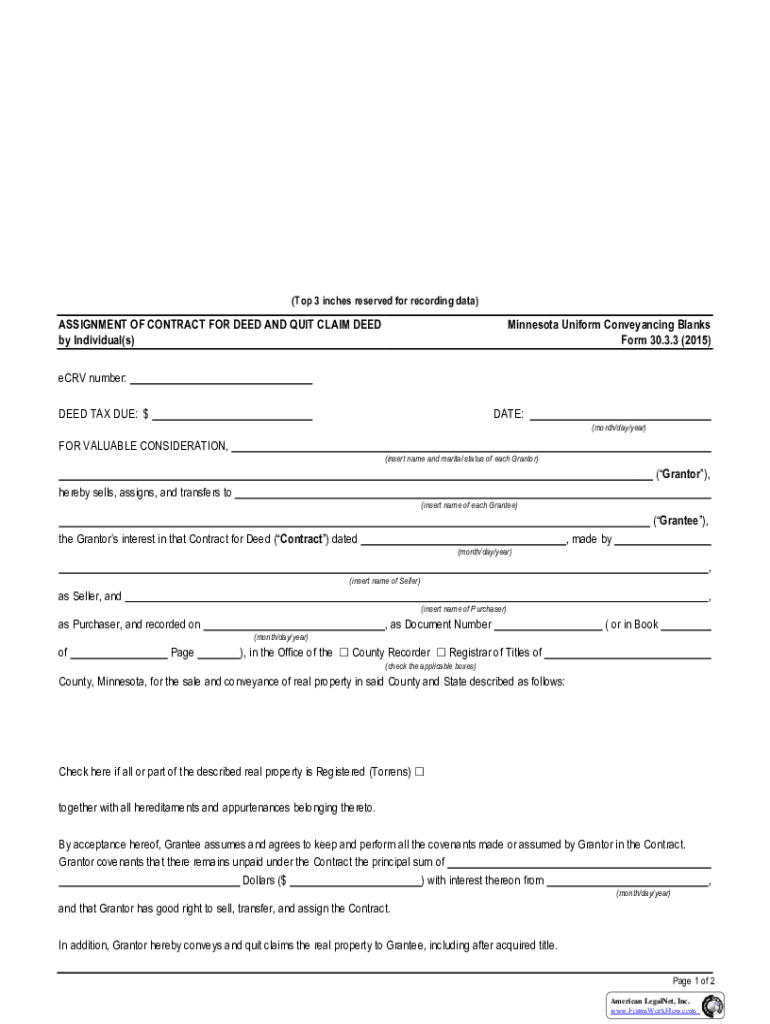 ASSIGNMENT of CONTRACT for DEED and QUIT CLAIM  Form