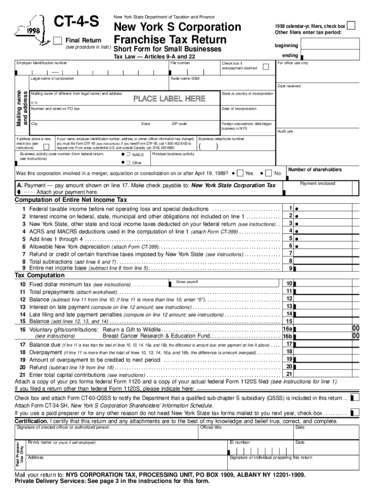 Form CT 4 S New York S Corporation Franchise Tax Return Short Form for Small Businesses, Ct4s