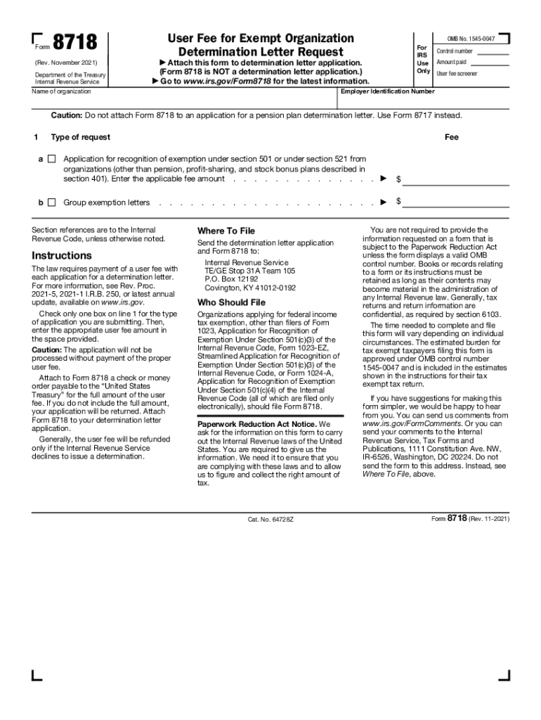 Form 8718 Rev November User Fee for Exempt Organization Determination Letter Request