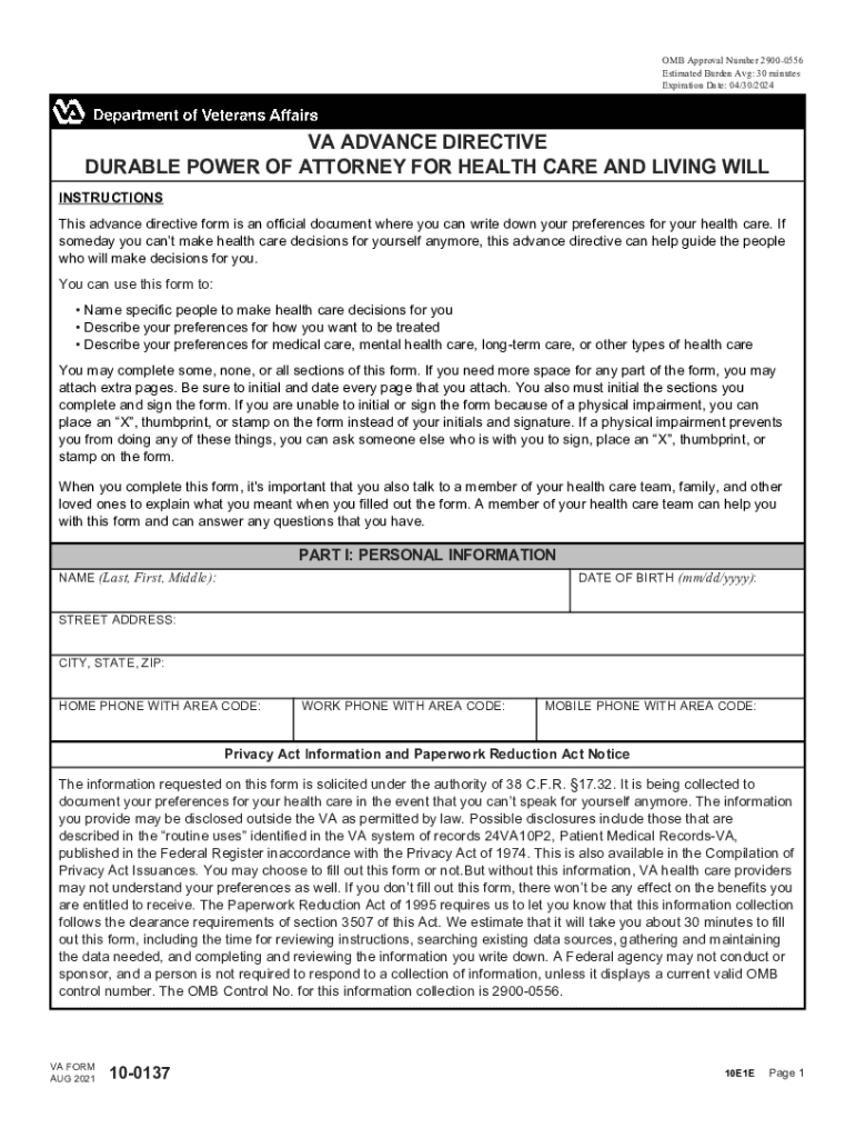  Www Va GovvaformsmedicalVA ADVANCE DIRECTIVE DURABLE POWER of ATTORNEY for HEALTH 2021-2024