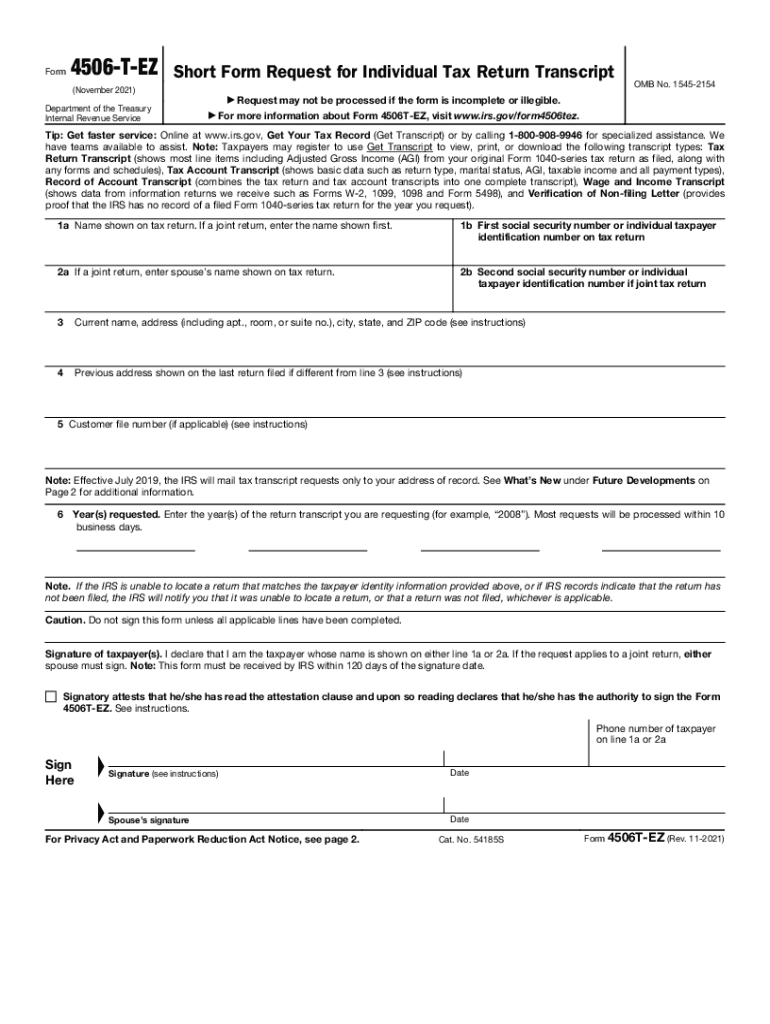 Get and Sign Form 4506 T EZ Rev 11 Short Form Request for Individual Tax Return Transcript 2021-2022