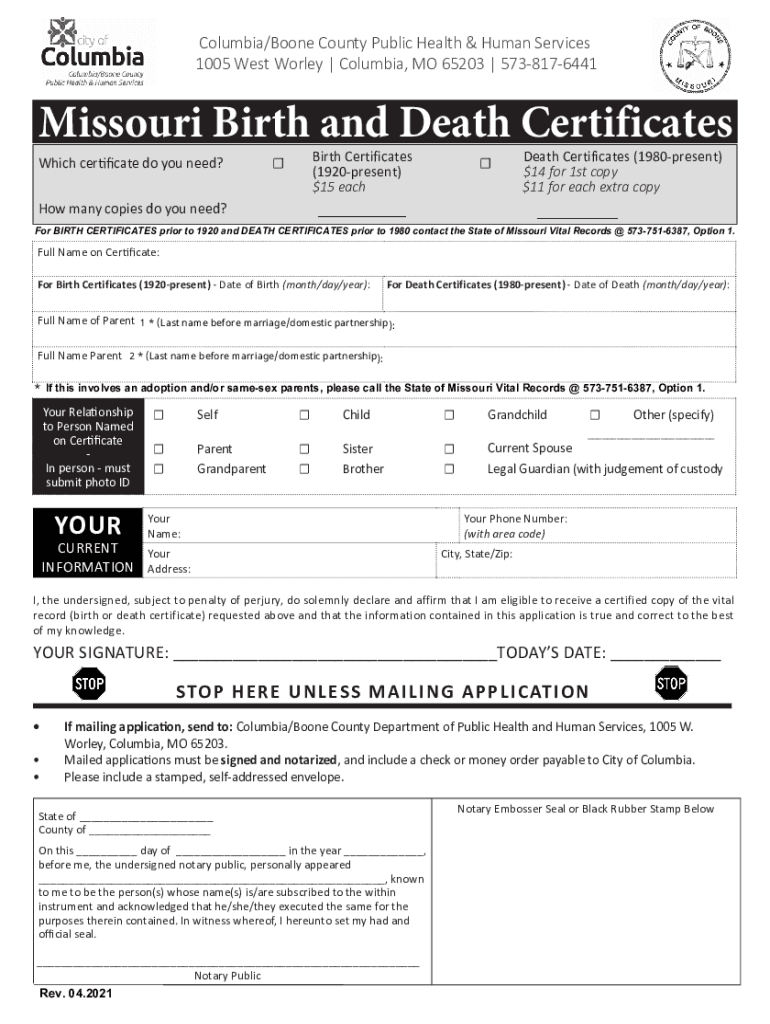 Missouri Birth and Death Certificates  Form