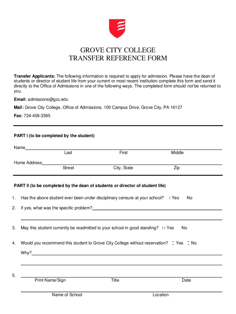 Grove City College Transfer Reference Form
