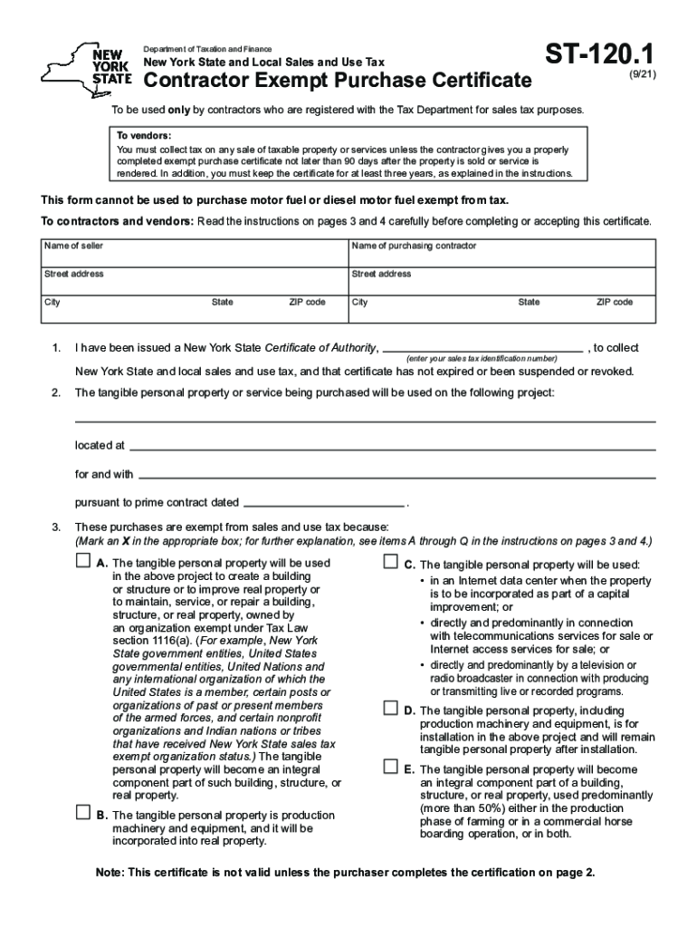  PDF Form ST 120 1 Contractor Exempt Purchase Certificate Revised 921 2021-2024