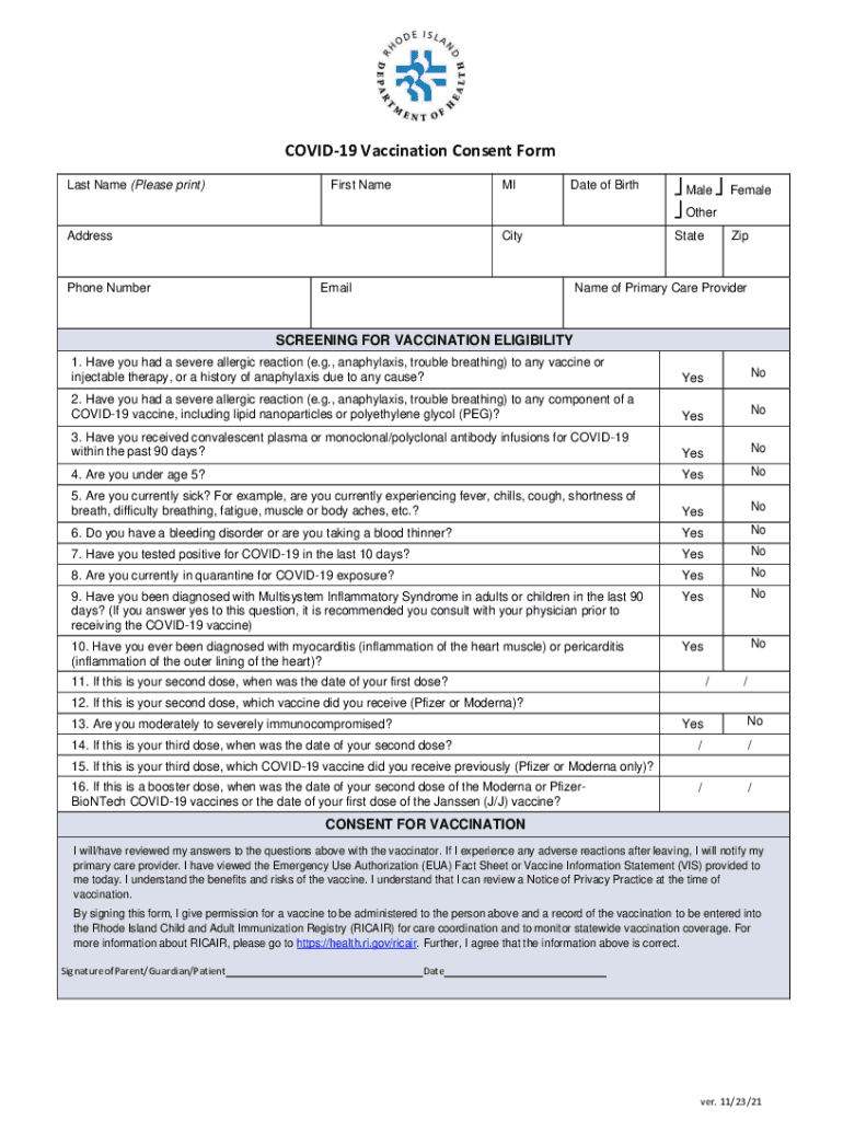  PDF COVID 19 Vaccination Consent Form RI Department of Health 2021-2024