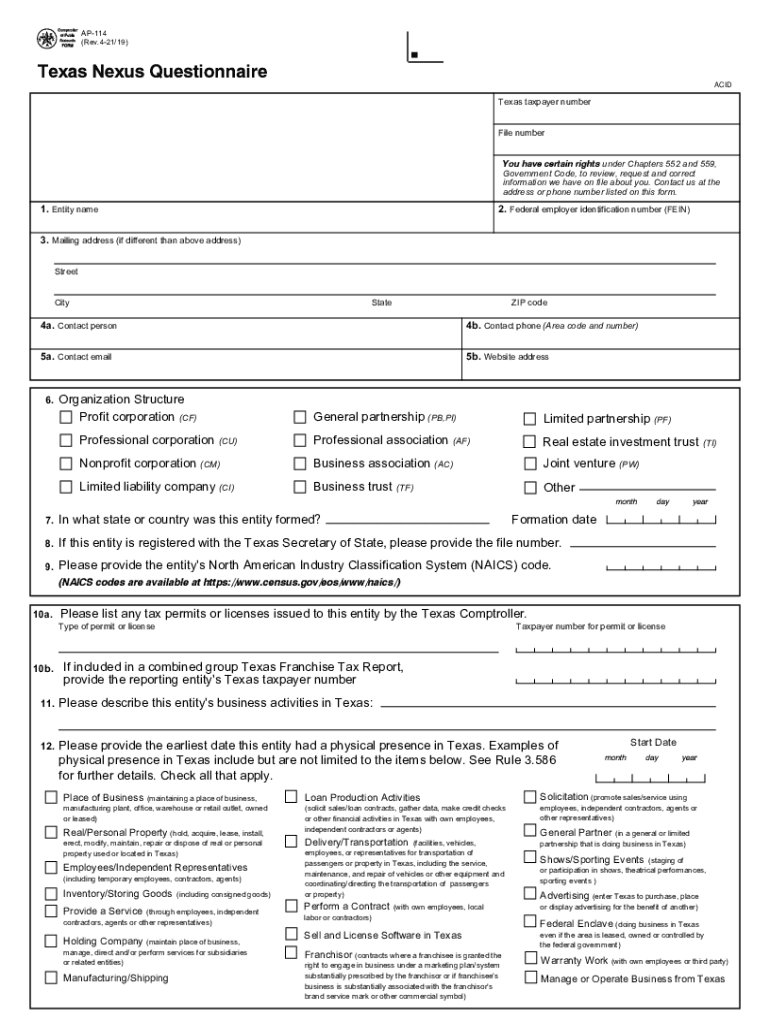 Get and Sign Form TX Comptroller AP 114 Fill Online, Printable 2021-2022