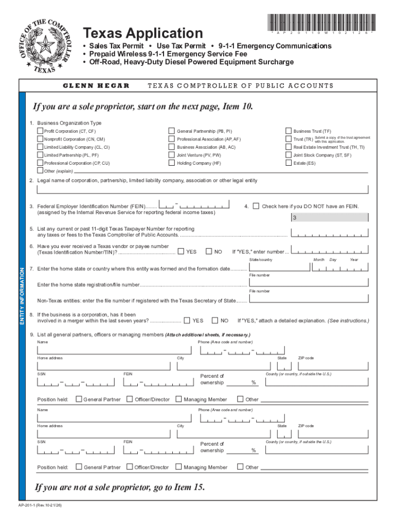  AP-201 -  Application for Texas Sales and Use Tax Permit 2021-2024