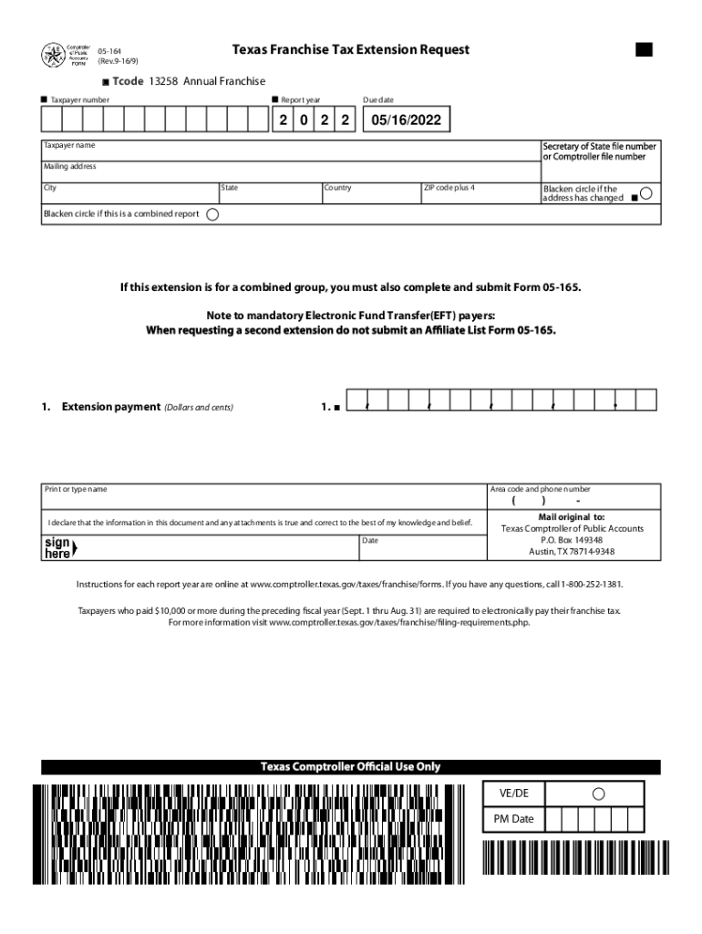  05 164 2022 Texas Franchise Tax Annual Report Extension Request 05 164 2022 Texas Franchise Tax Annual Report Extension Request 2022