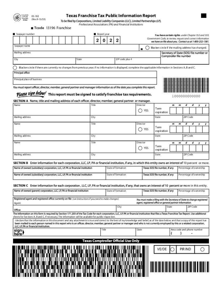 Get and Sign Comptroller Texas Govforms05 102 A05 102 Texas Franchise Tax Public Information Report 2018