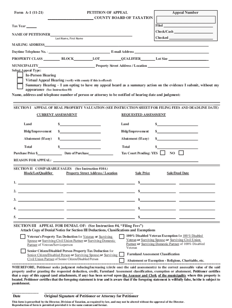  Petition of Appeal Form a 1 Petition of Appeal,County Board of Taxation 2021-2024