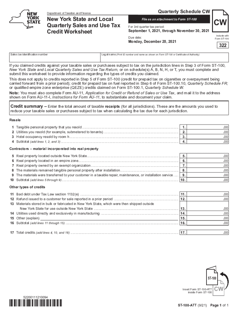 Form ST 100 ATT New York State and Local Quarterly Sales and Use Tax Credit Worksheet Revised 921