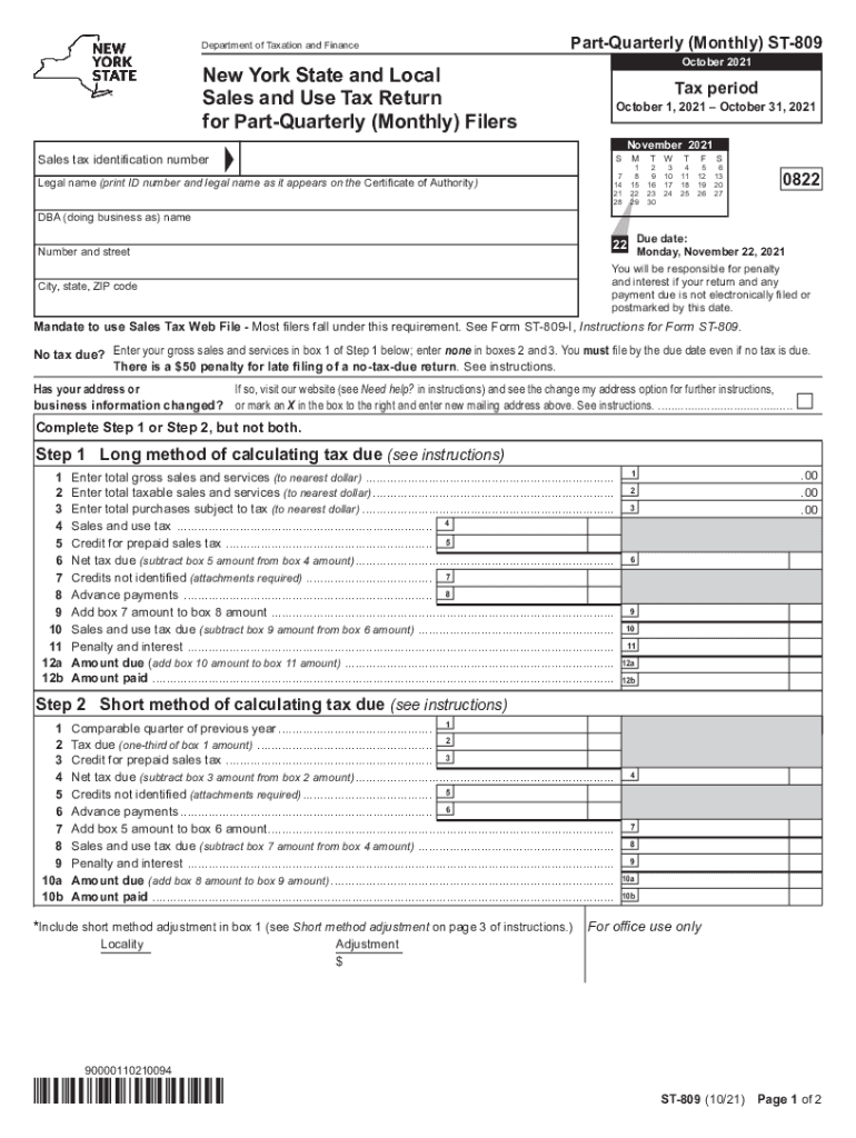 Form ST 809 New York State and Local Sales and Use Tax Return for Part Quarterly Monthly Filers Revised 1021