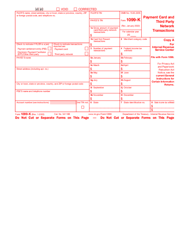  Form 1099 K Rev January Payment Card and Third Party Network Transactions 2022