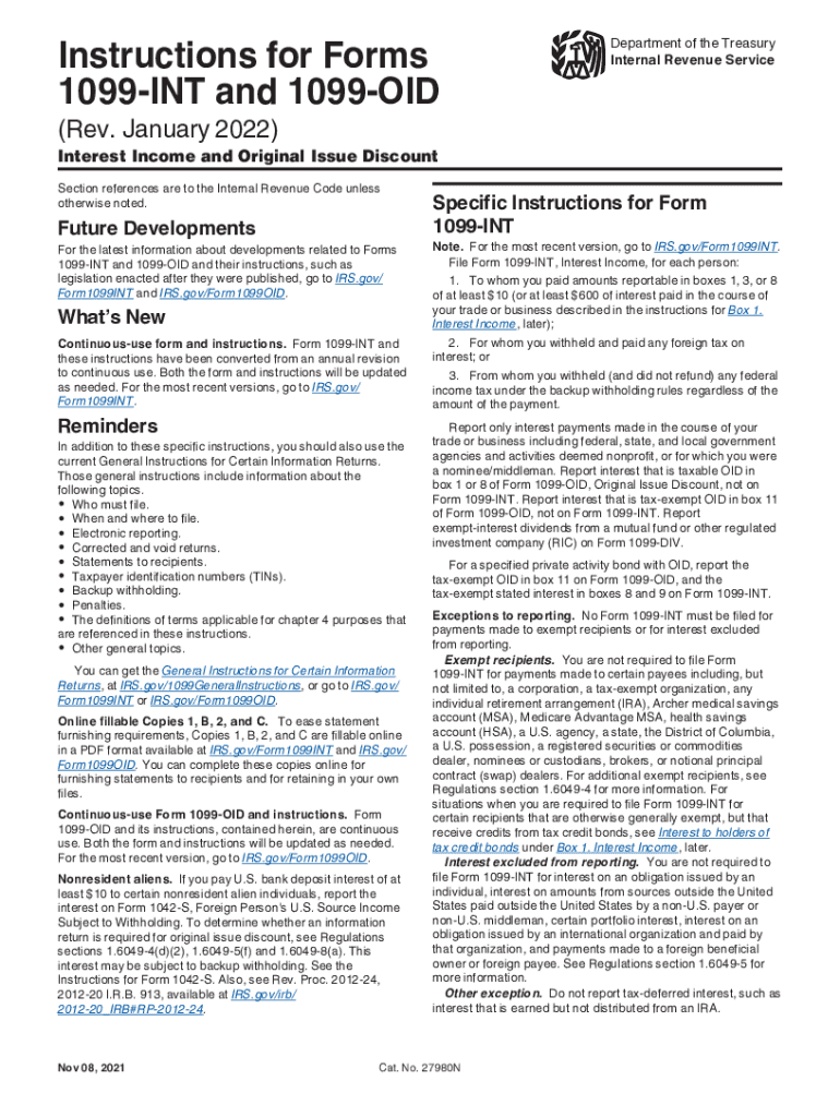  Instructions for Forms 1099 INT and 1099 OID Rev January Instructions for Forms 1099 INT and 1099 OID, Interest Income and Origi 2022