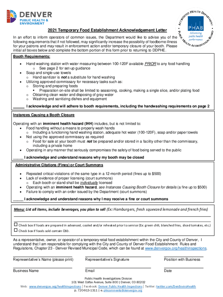 Temporary Food Establishment Acknowledgement  Form