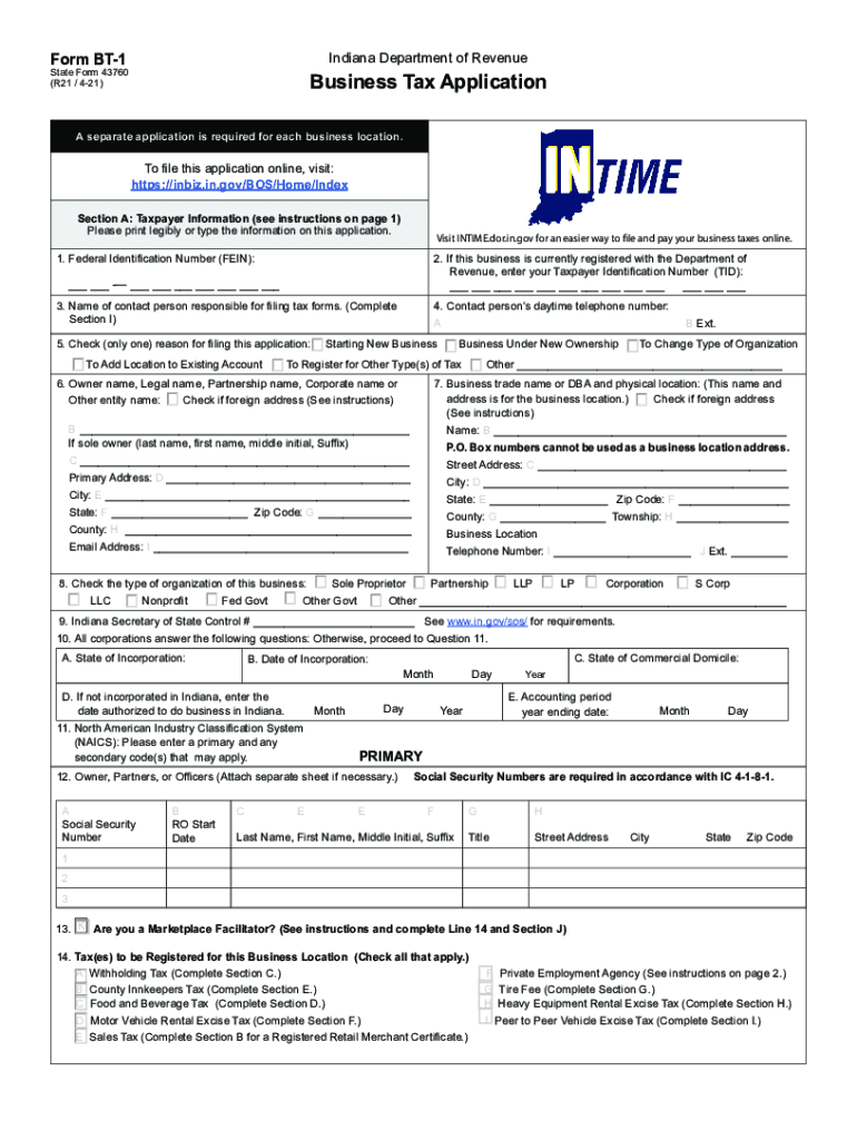  Forms in GovDownloadForm BT 1C Indiana Department of Revenue Application for 2021-2024
