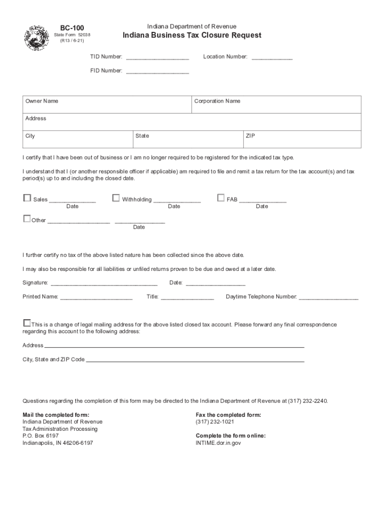  Fillable Form Bc 100 Indiana Business Tax Closure 2021-2024