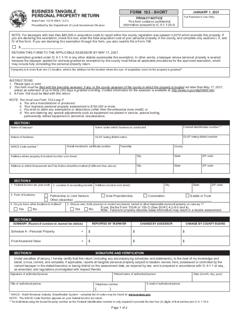  Www Taxformfinder Orgindianaform 103 ShortIndiana Form 103 Short Business Tangible Personal Property 2021