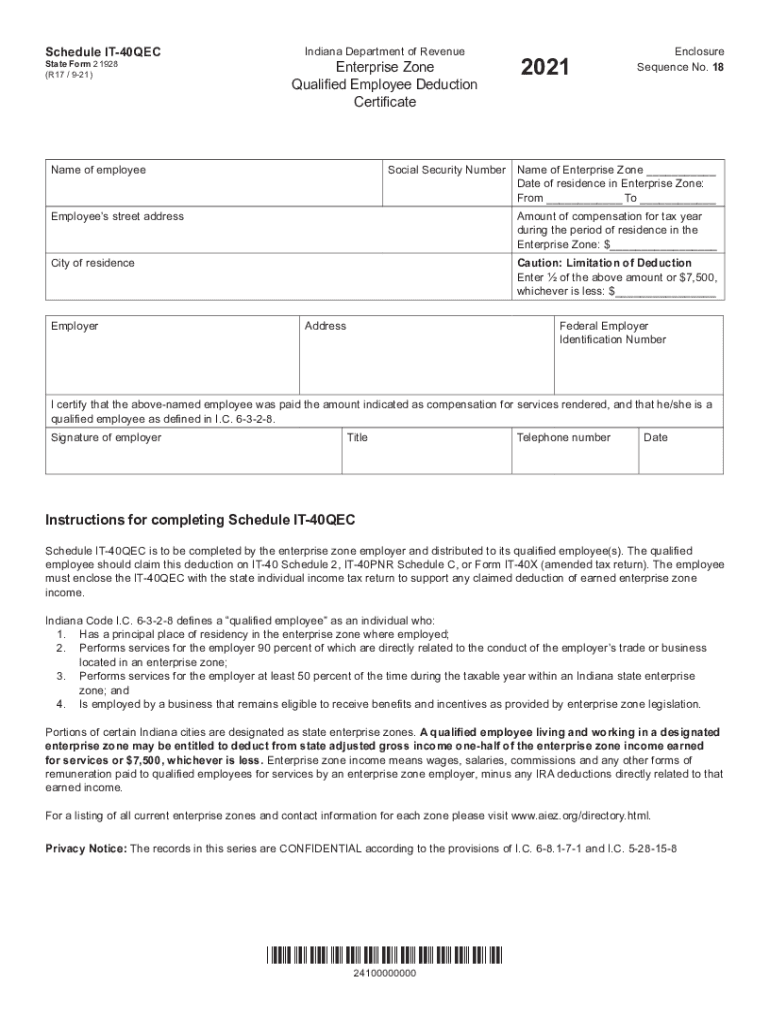  State Form 21928 Schedule it 40qec Enterprise Zone 2021