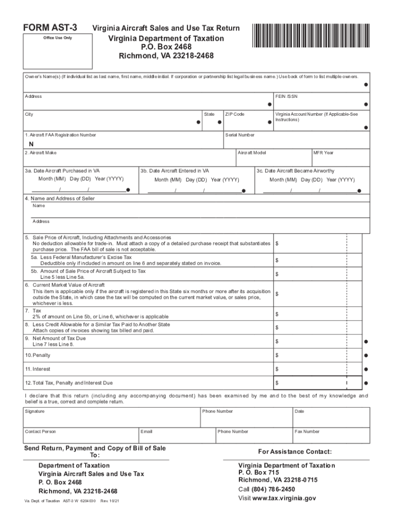 Form AST 3, Virginia Aircraft Sales and Use Tax Return