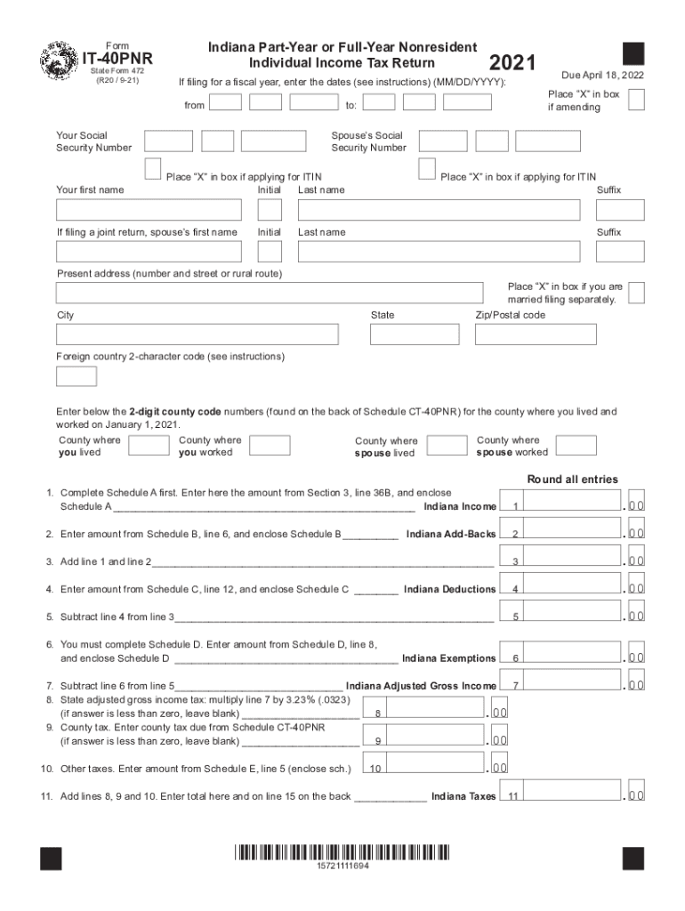  Forms in GovDownloadIndiana Part Year or Full Year Nonresident it 40PNR 2021