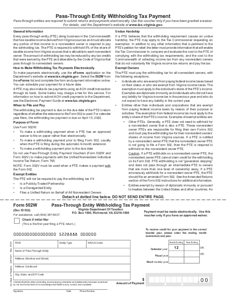  Form 502W Pass through Entity Withholding Tax Payment Form 502W Pass through Entity Withholding Tax Payment 2021