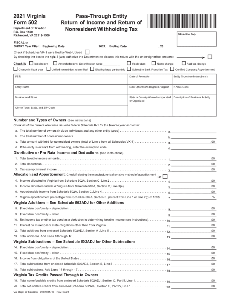  Form 502 &amp;quot;Pass through Entity Return of Income and Return 2021