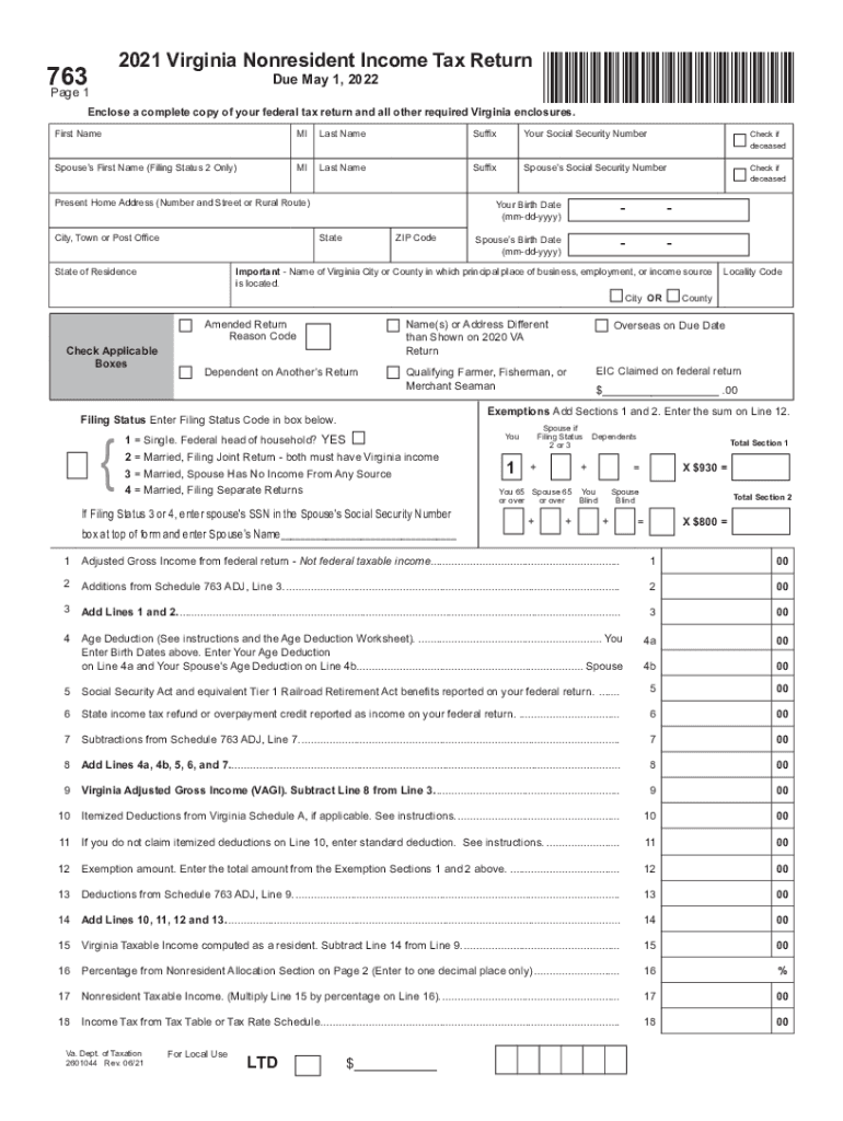  Form 763, Virginia Nonresident Income Tax Return Virginia Nonresident Income Tax Return 2021