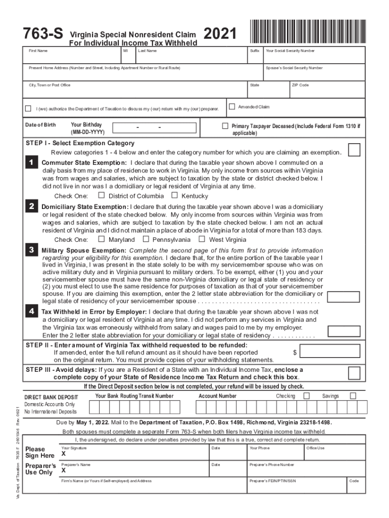  Form 763S, Virginia Special Nonresident Claim for Individual Income Tax Withheld 2021