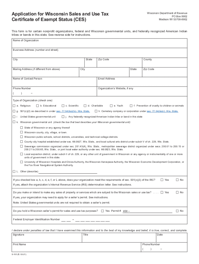 February S 103 Application for Wisconsin Sales and Use Tax Certificate of Exempt Status CES and Instructions Fillable  Form