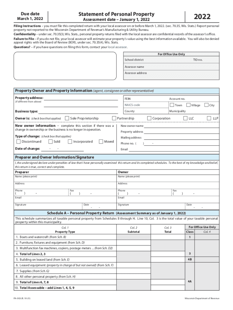  Www Revenue Wi Govdorformspa 003Due Date Statement of Personal Property 2022 2022