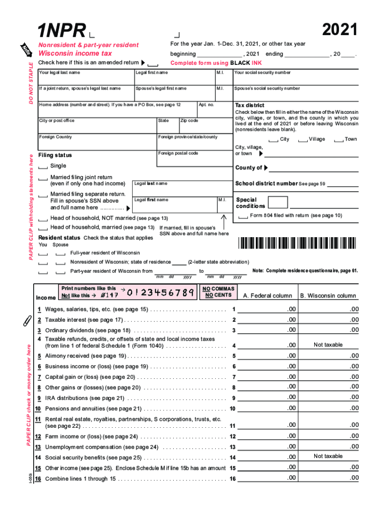  I 050 Form 1NPR Nonresident &amp;amp; Part Year Resident Wisconsin Income Tax 2021
