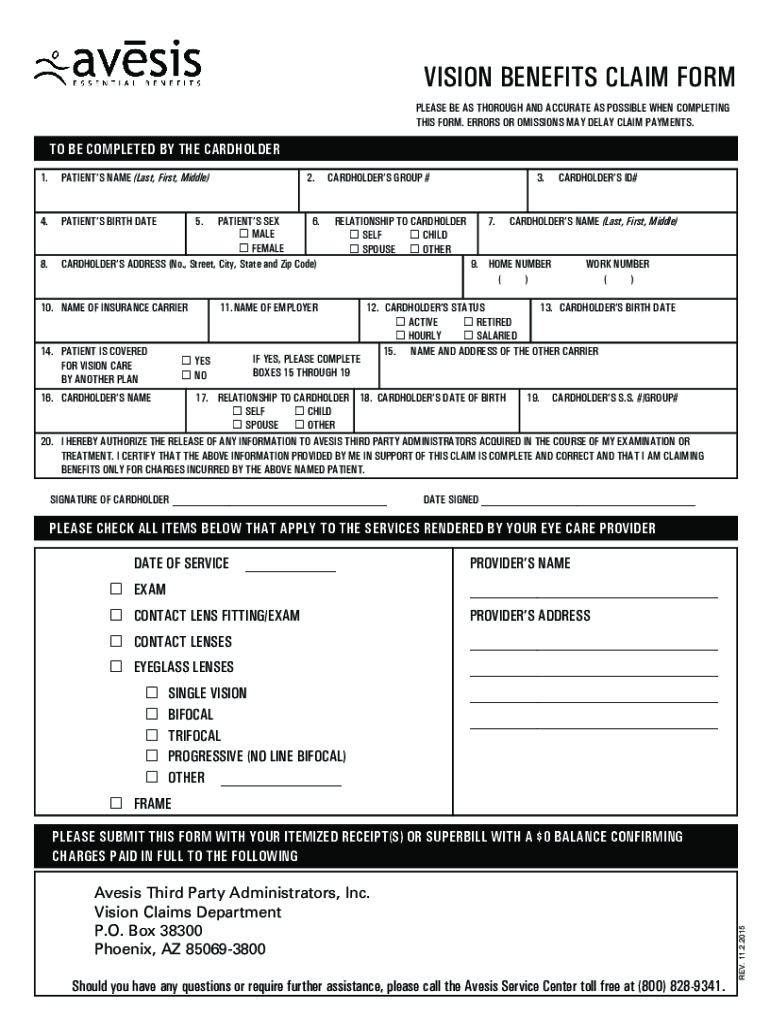  Avesis Vision Claim Form 2015-2024