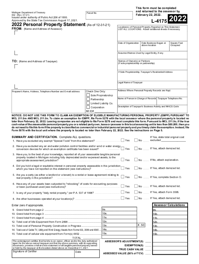  Personal Property Statement Form PDF Reset Form Michigan 2022