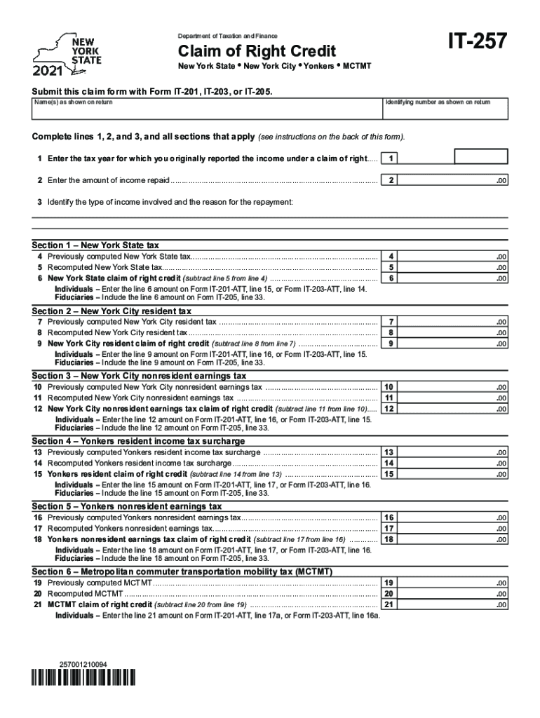  Form it 257 &amp;quot;Claim of Right Credit&amp;quot; New York 2021