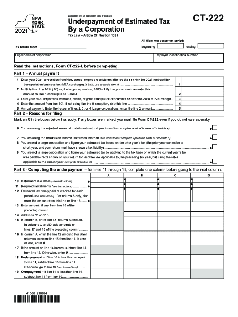  Form CT 222 Underpayment of Estimated Tax by a Corporation Tax Year 2021