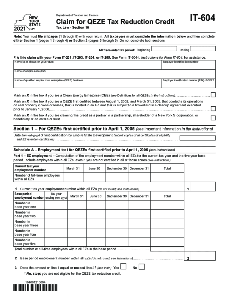 Fillable Online Form it 604 Claim for QEZE Tax Reduction