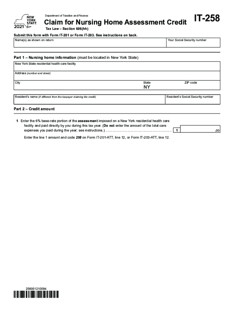 Form it 258 Claim for Nursing Home Assessment Credit Tax