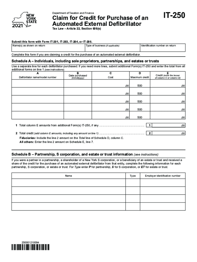 Form it 250 Claim for Credit for Purchase of an Automated External Defribrillator Tax Year