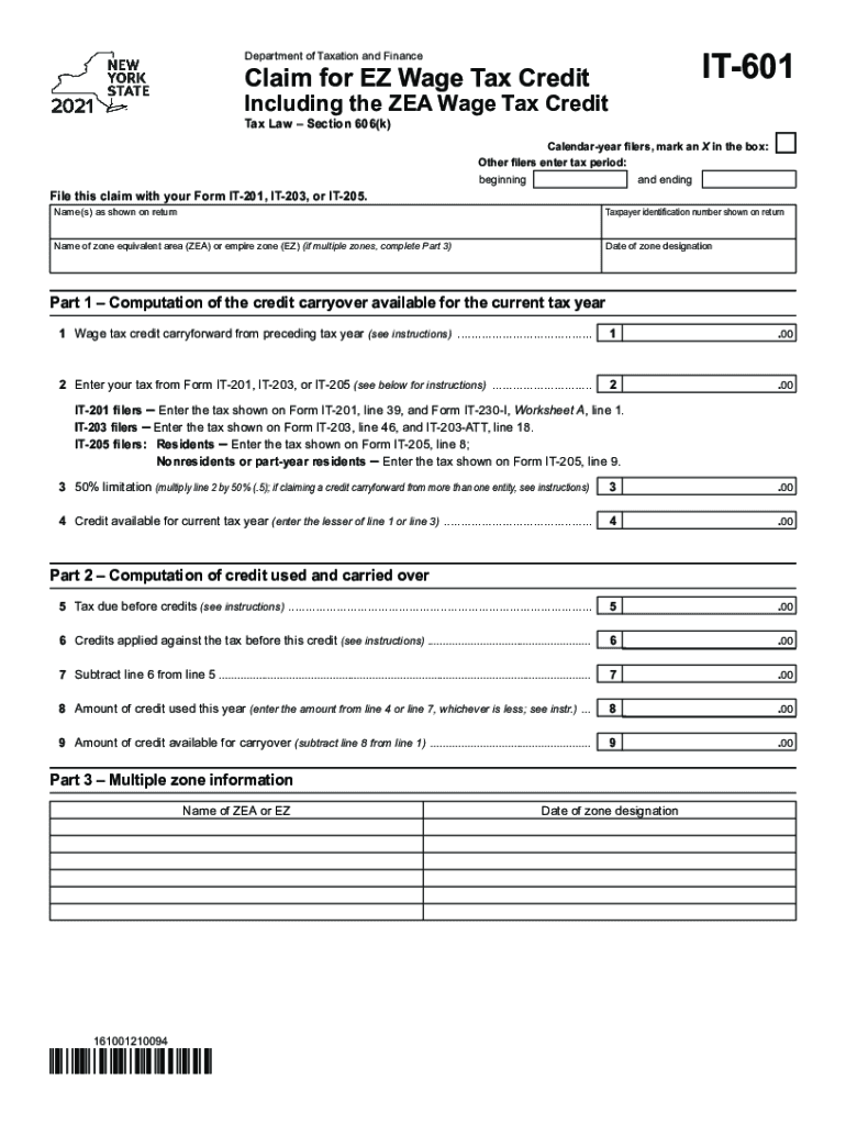 Get and Sign Form it 601 Claim for EZ Wage Tax Credit Tax Year Fill