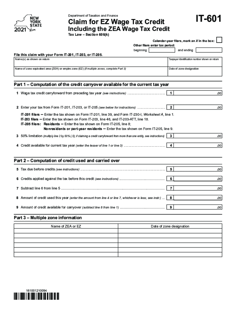 Form it 601 Claim for EZ Wage Tax Credit Tax Year Fill