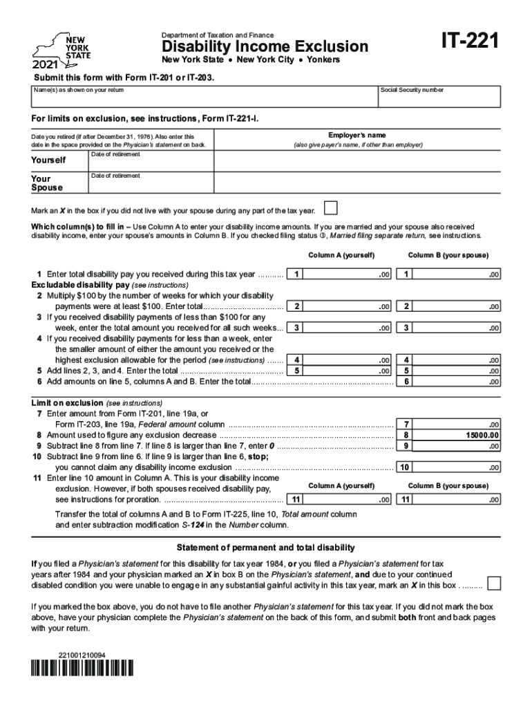 Printable New York Form it 221 Disability Income Exclusion