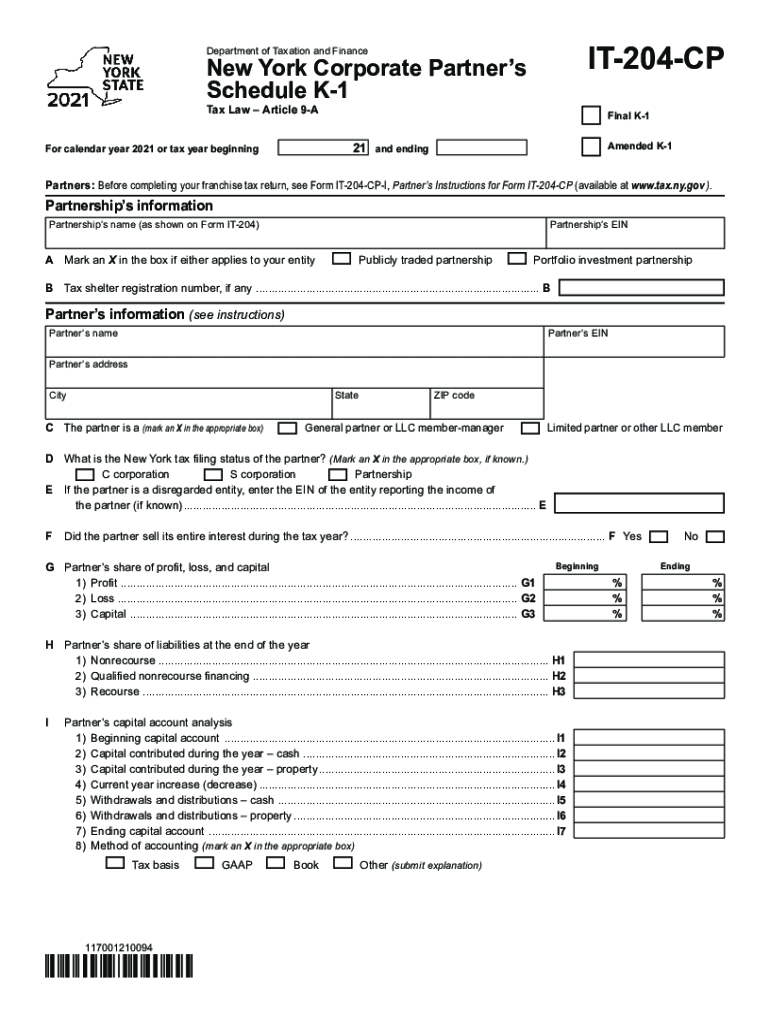 PDF Form it 204 CP New York Corporate Partner's Schedule K 1 Tax
