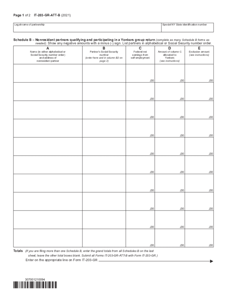 Form it 203 GR ATT B Schedule B Yonkers Group Return for Nonresident Partners Tax Year