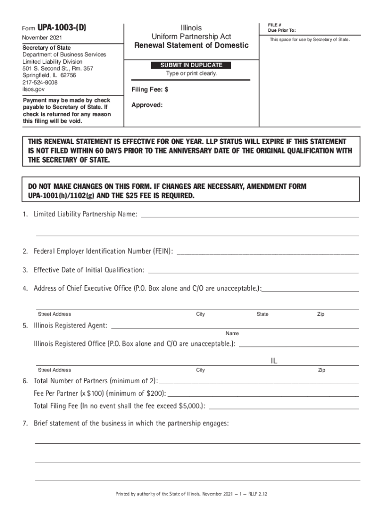 Uniform Partnership Act Renewal Statement of Domestic